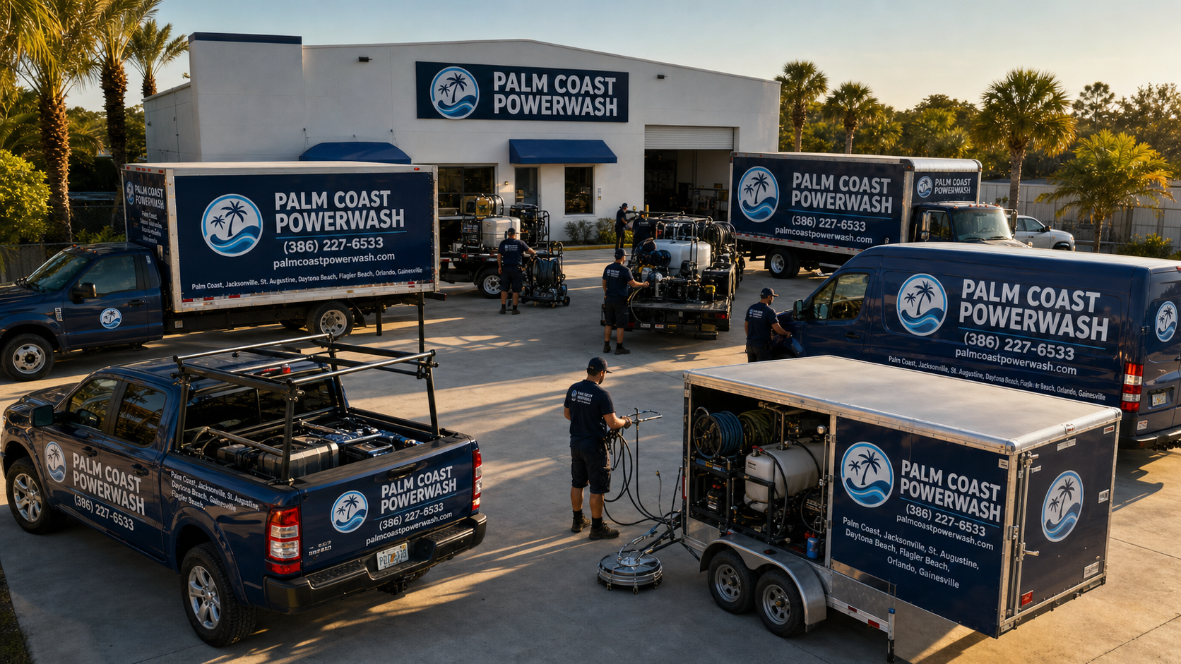 Palm Coast Powerwash commercial fleet of branded trucks and trailers at the Palm Coast Florida facility