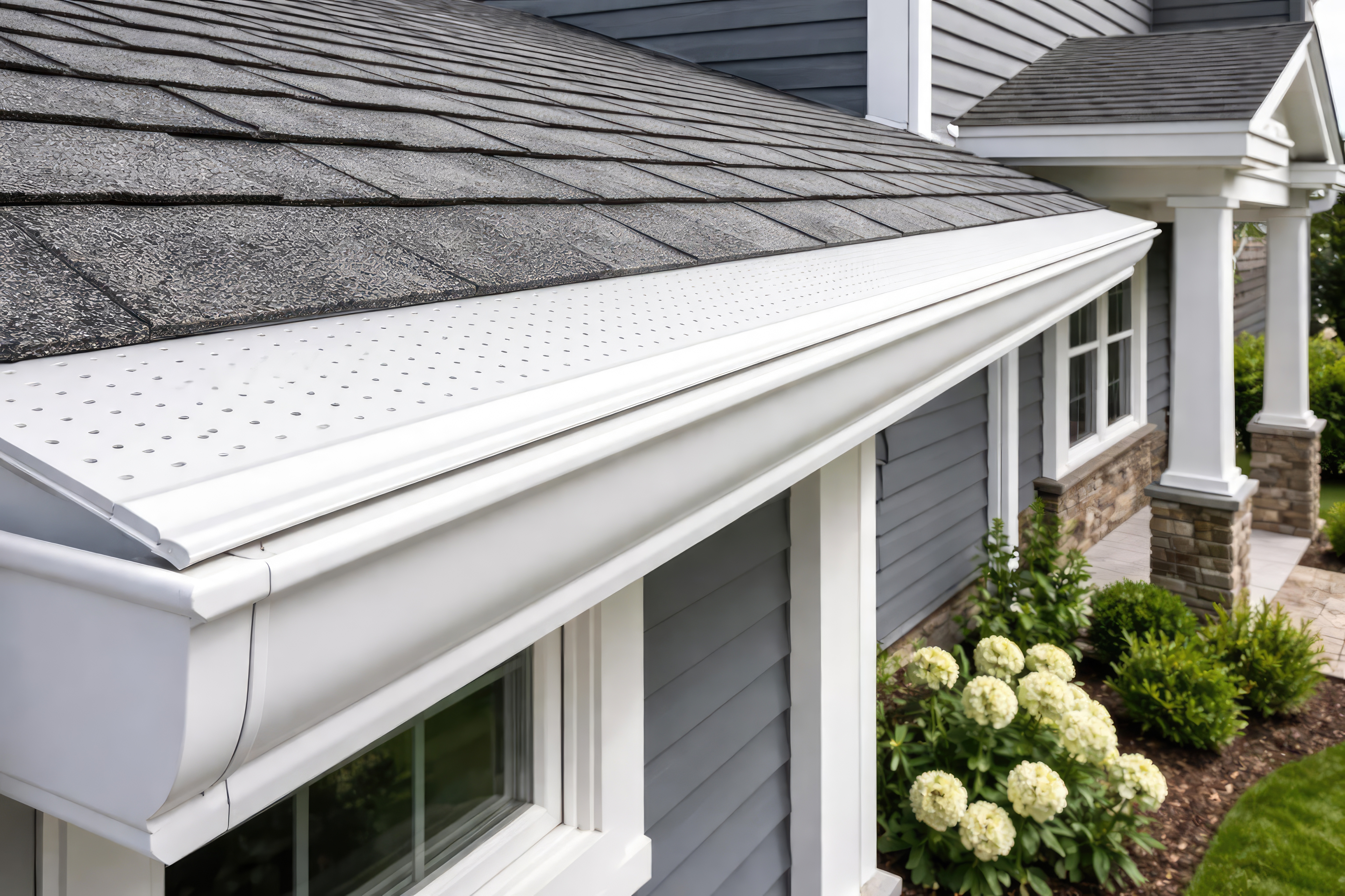 Clean bright white gutters on a well-maintained home after professional gutter cleaning and brightening