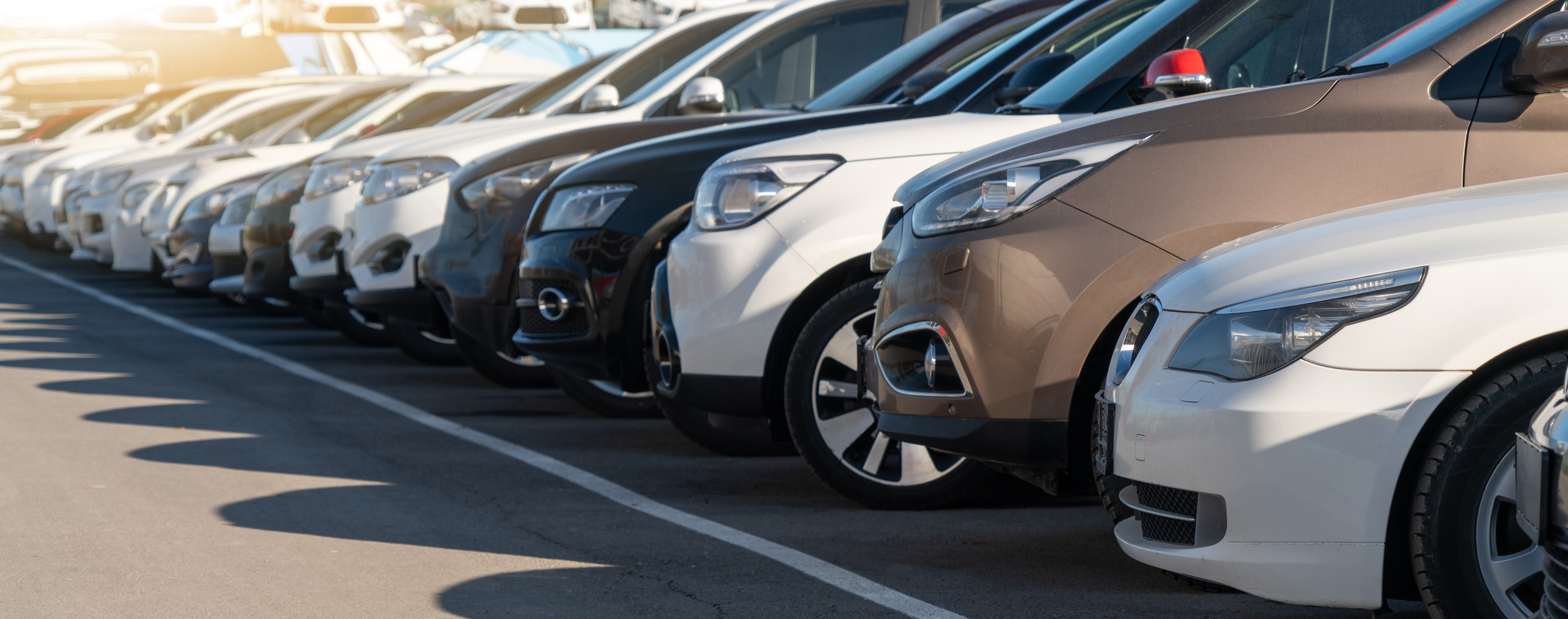 Row of commercial fleet vehicles lined up in a parking lot