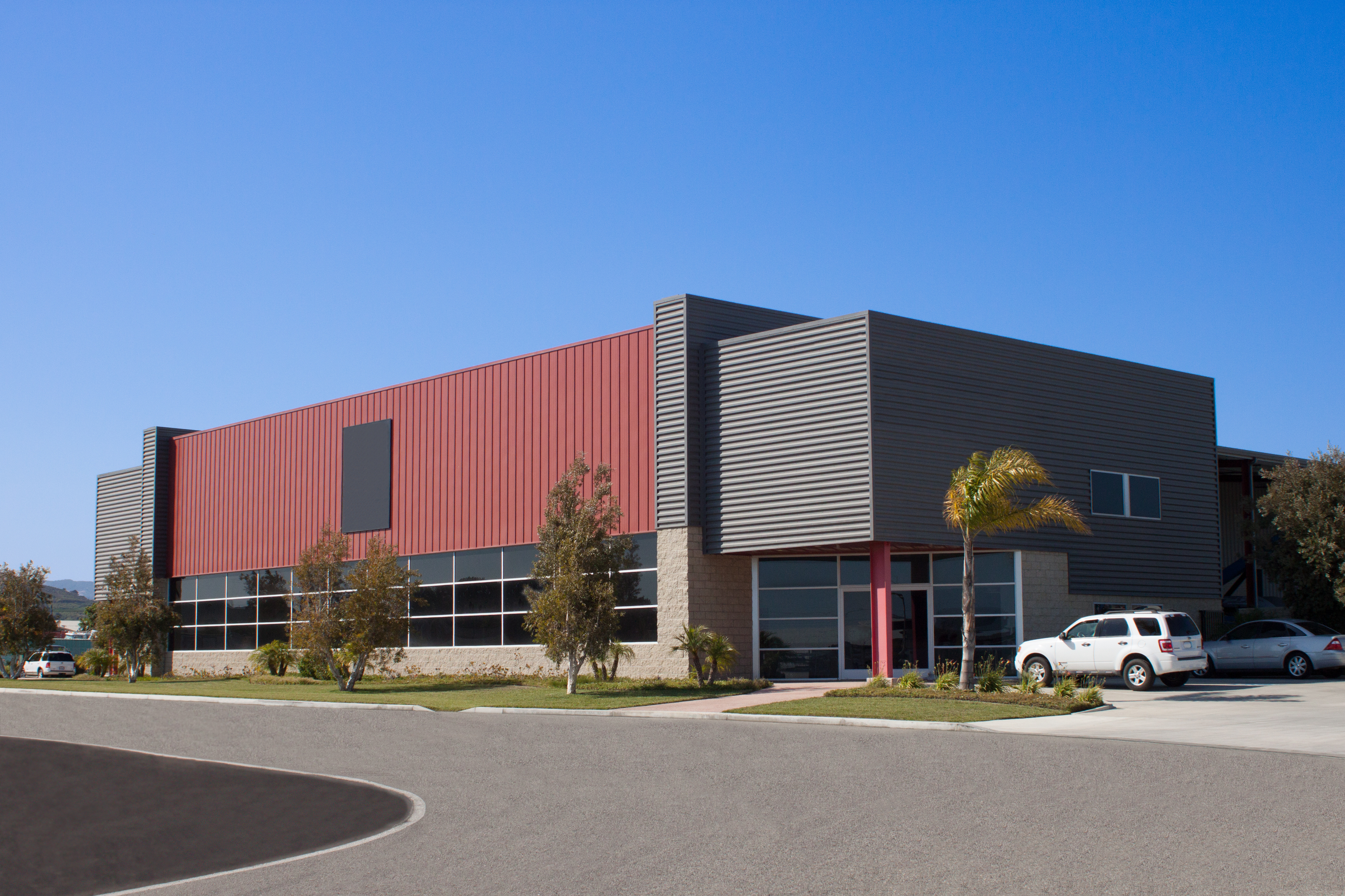 Modern commercial office building with palm trees and clean exterior